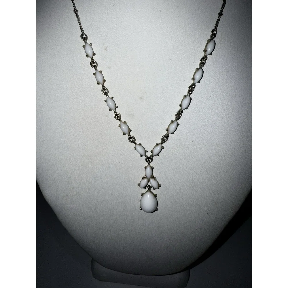 Silver Tone & White Milk Glass‎ Navettes  Y Drop Necklace NR Signed Vintage Avon